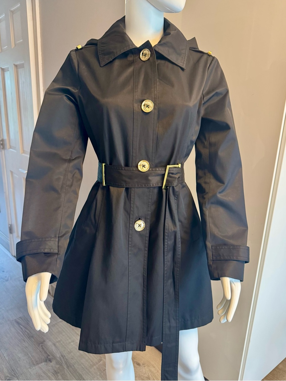 Michael Kors Women's Black Trench Coat with Gold Accents size Small